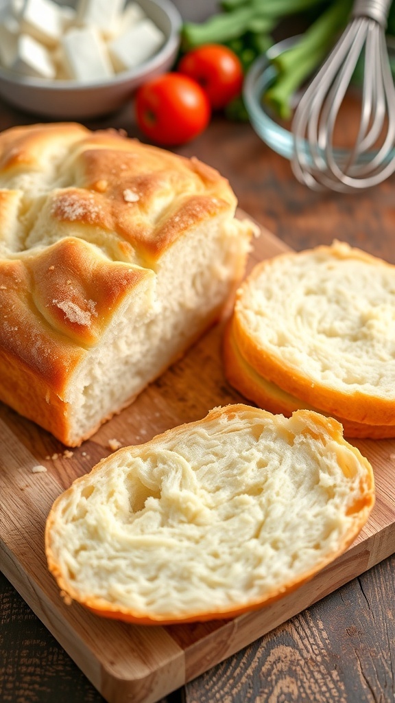 Fluffy cloud bread on a cutting board, showcasing its airy texture, with rustic kitchen elements in the background.